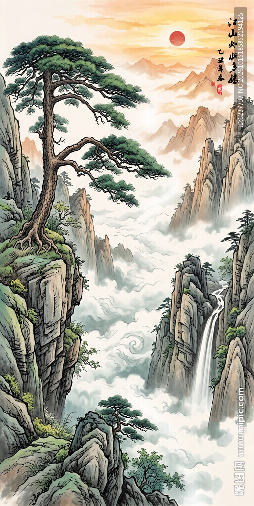 竖幅迎客松