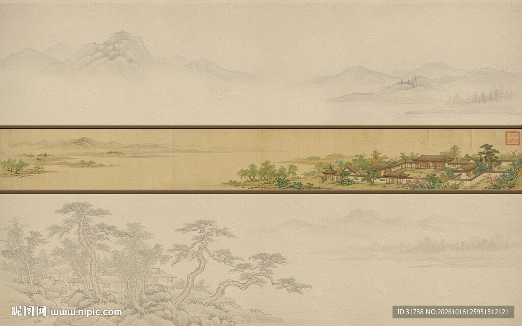 新中式古风宋式美学山水画壁画