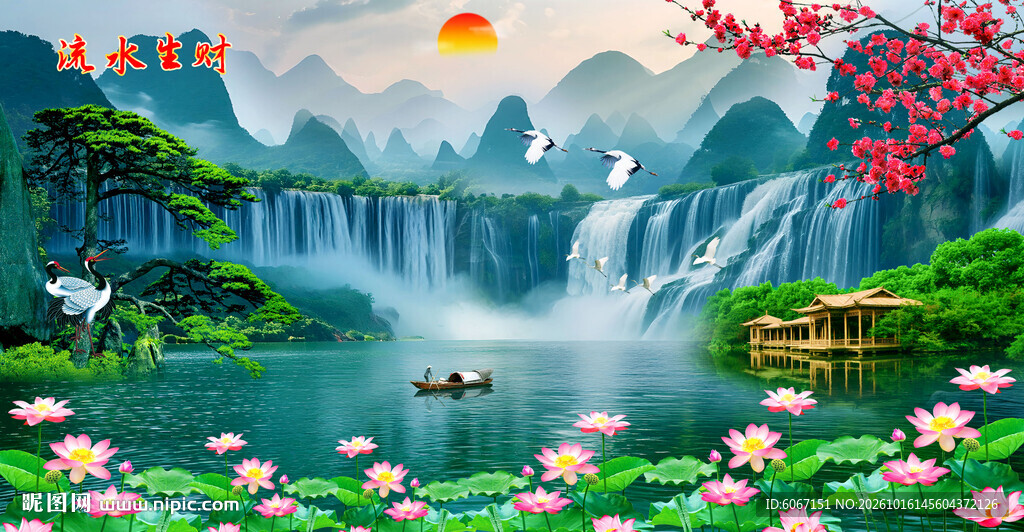 流水生财瀑布山水画壁画