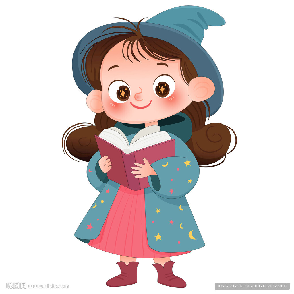 万圣节戴巫师帽看魔法书女巫插画