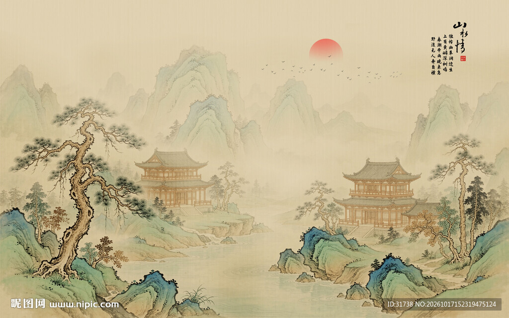 新中式阁楼古风古典山水画背景