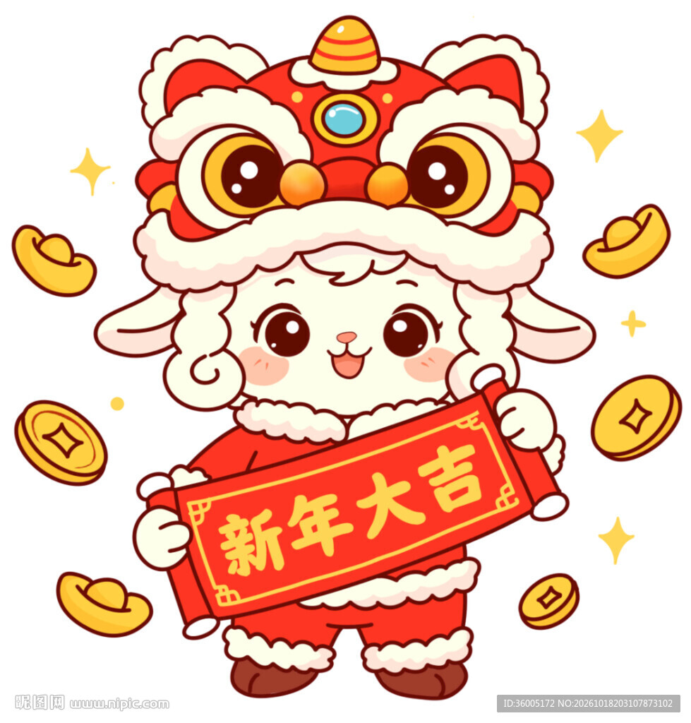 醒狮萌羊新年大吉插画