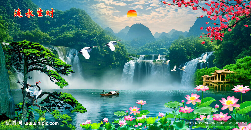 流水生财瀑布山水画