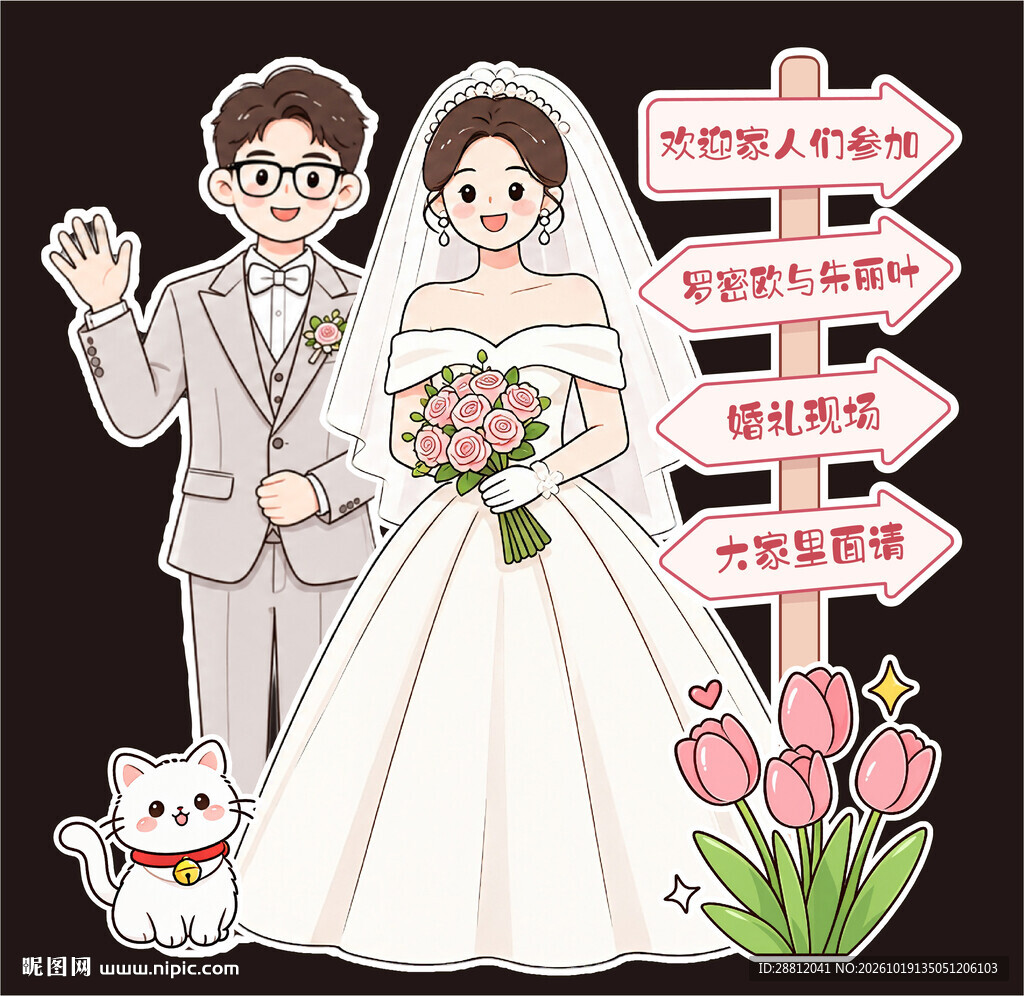 卡通婚礼新人迎宾牌