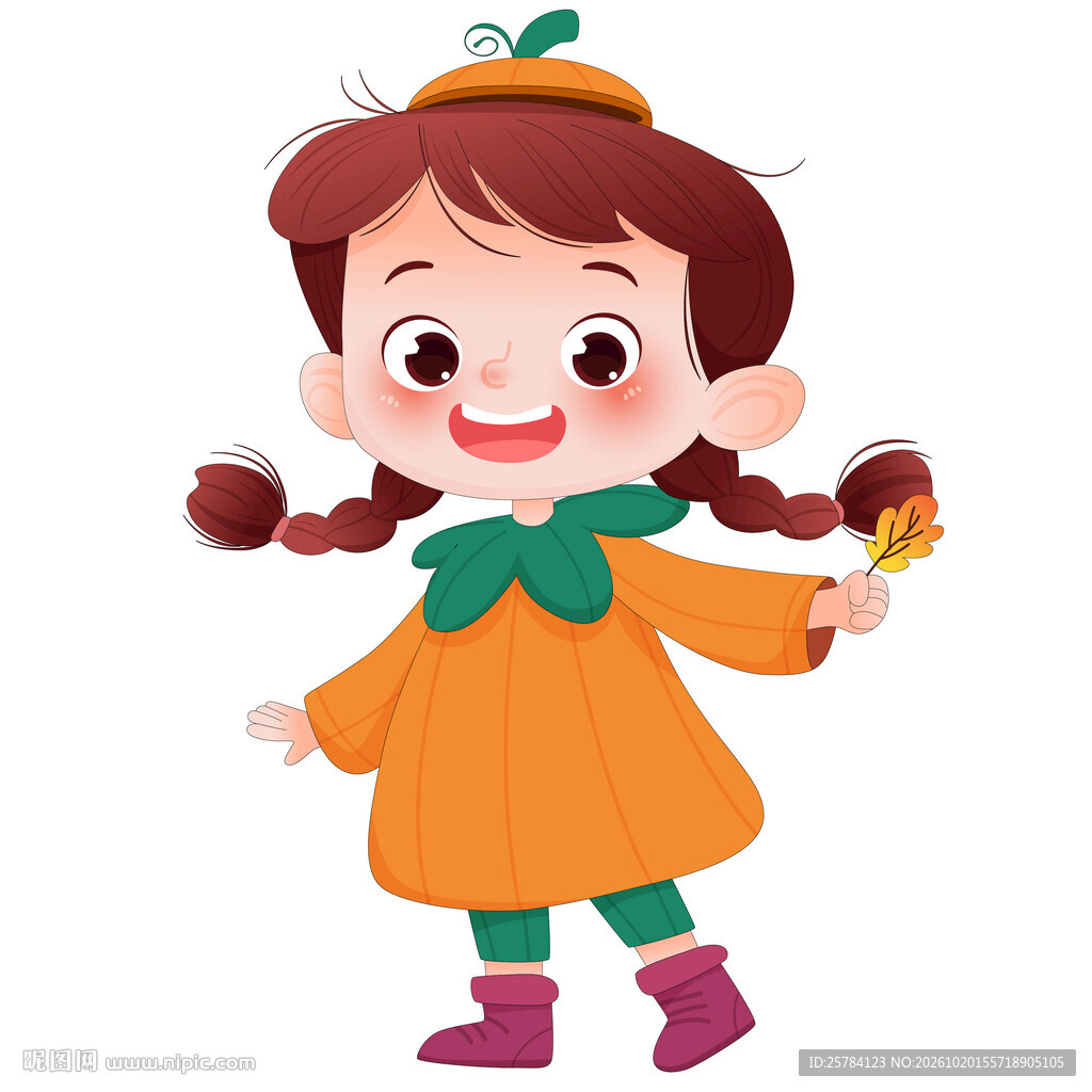 万圣节南瓜装麻花辫小女孩插画