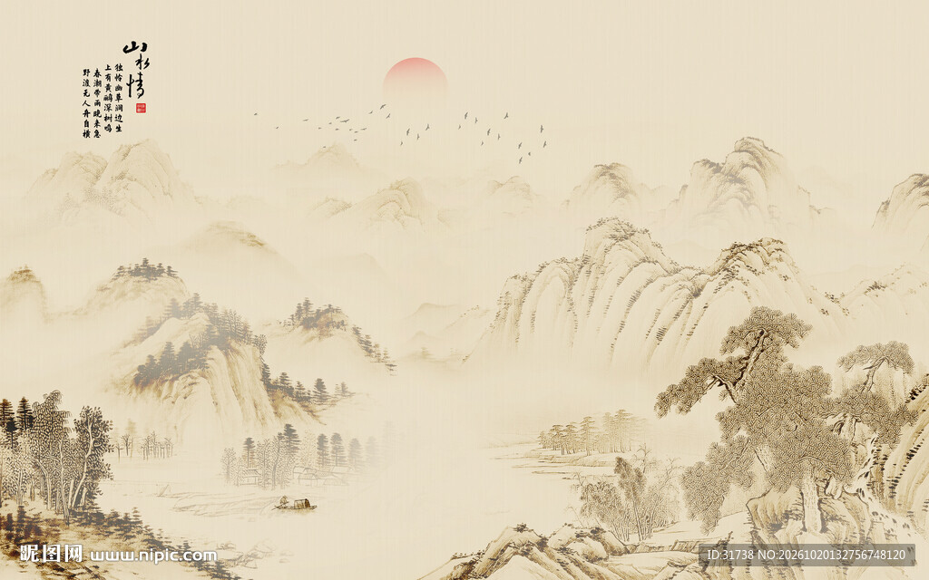 古风山水画背景壁画
