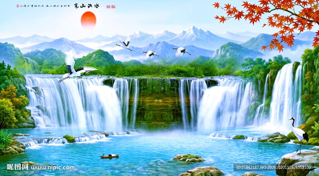 瀑布山水画