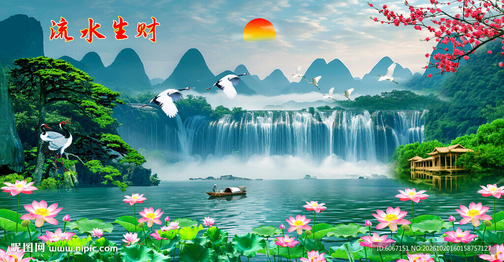 荷花山水风景画