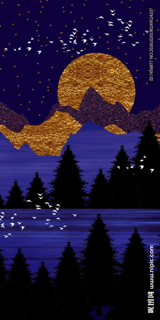 满月星空山湖夜景玄关壁画