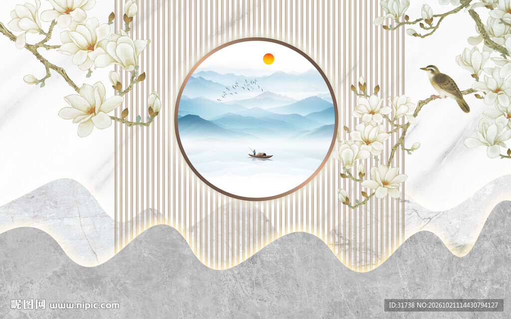 中式意境格栅山水花鸟装饰画