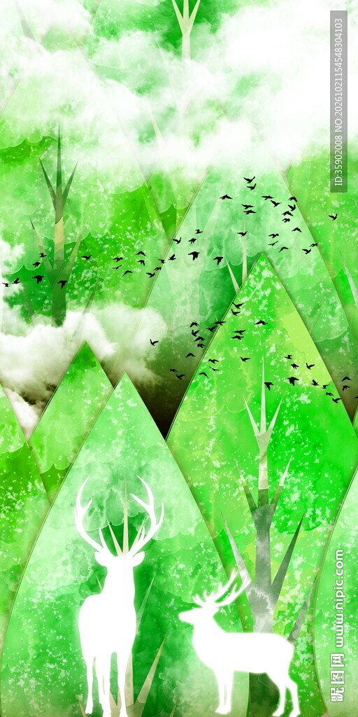 森系绿林麋鹿意境玄关装饰画