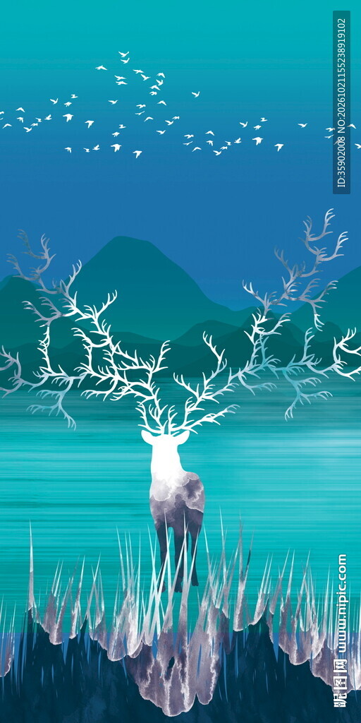梦幻荧光麋鹿山水夜景玄关装饰画