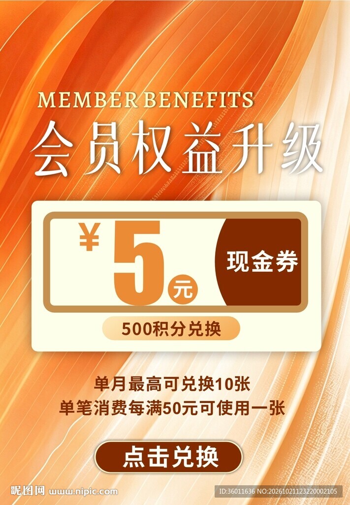 会员权益升级 5 元现金券海报