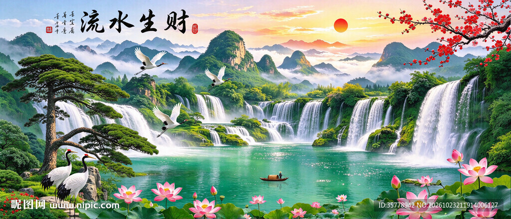流水生财瀑布山水画