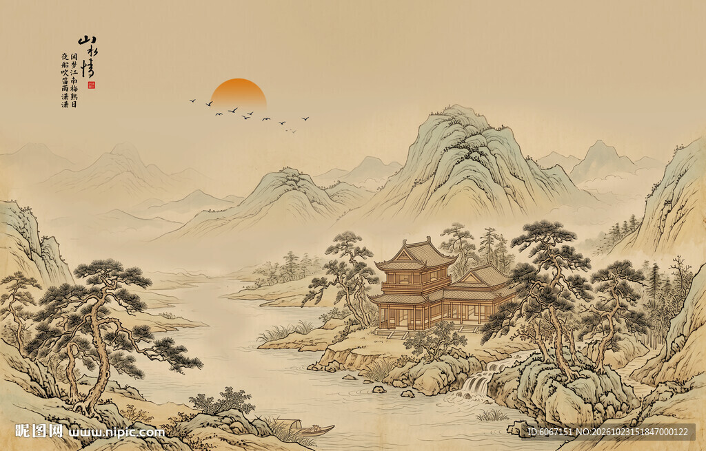 中式古风古典山水画背景壁画