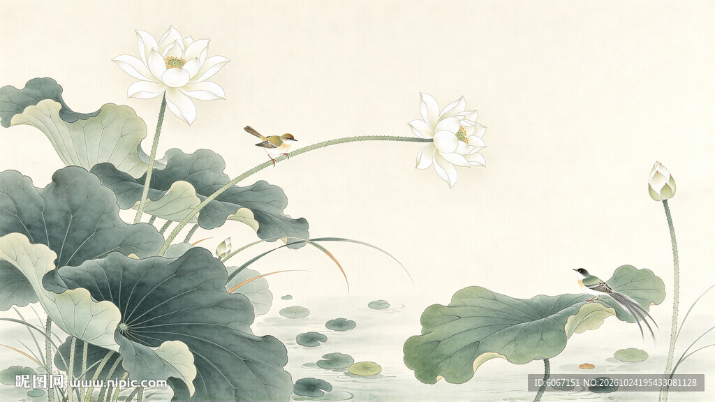 工笔画荷花背景墙