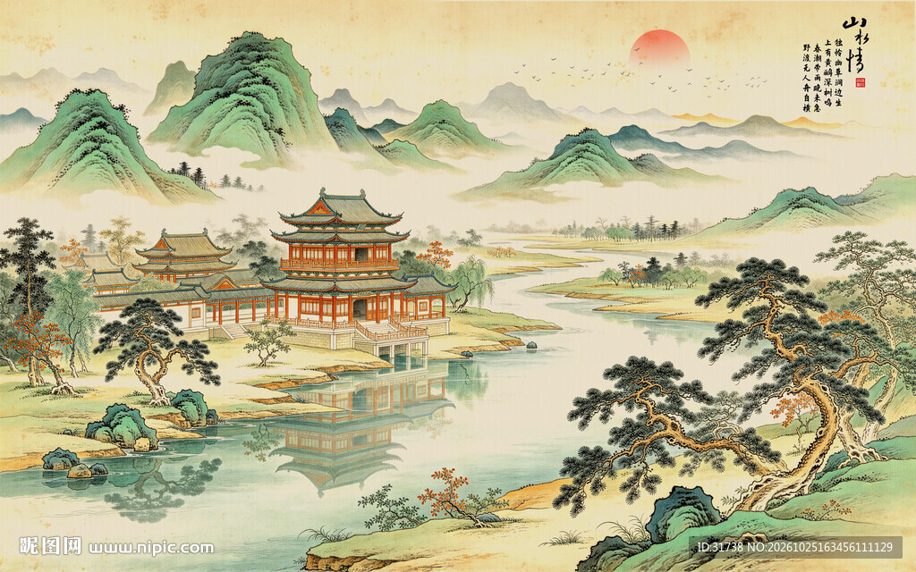 新中式水墨古风古典山水画背景墙