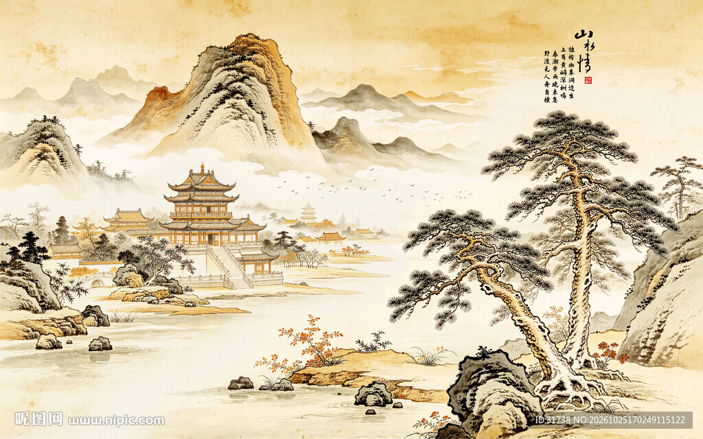 新中式传统古画水墨山水意境图