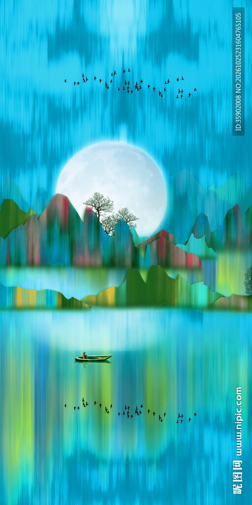 月夜山湖水景玄关装饰画