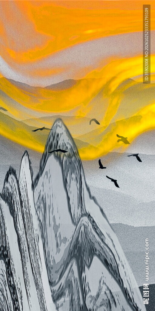 水墨山巅黄昏飞鸟玄关装饰画