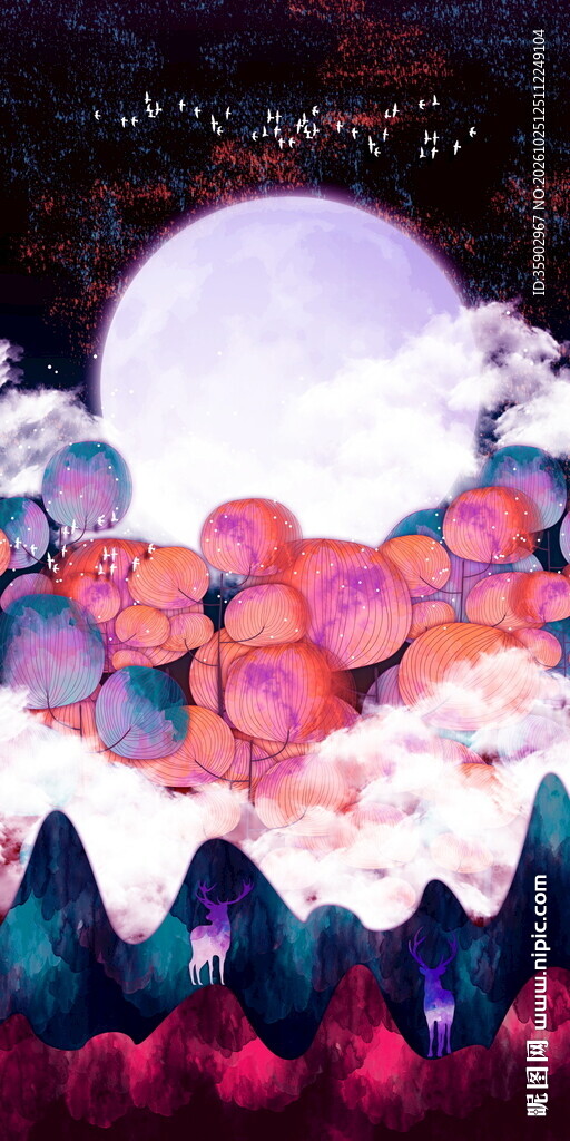 幻彩月夜山景玄关装饰画
