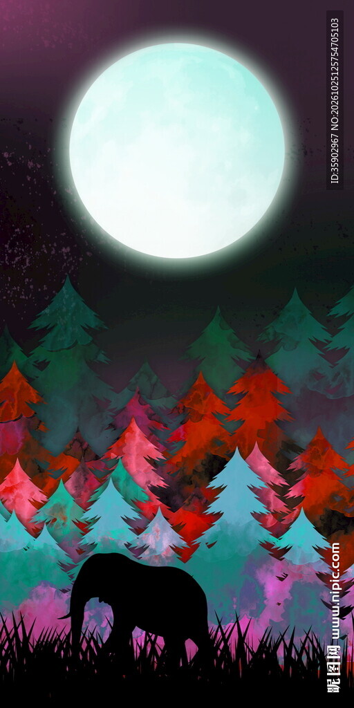 月夜森林大象剪影玄关壁画