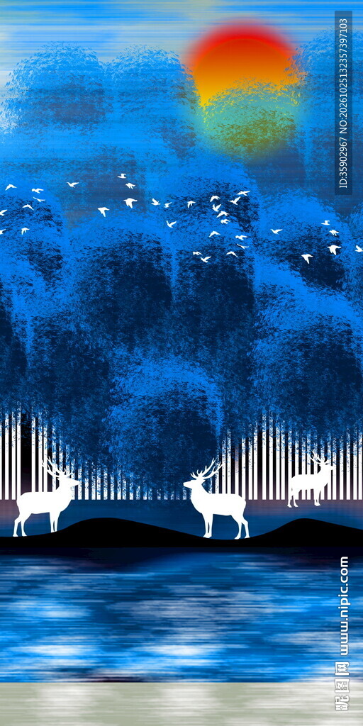 梦幻蓝夜白鹿风景玄关装饰画