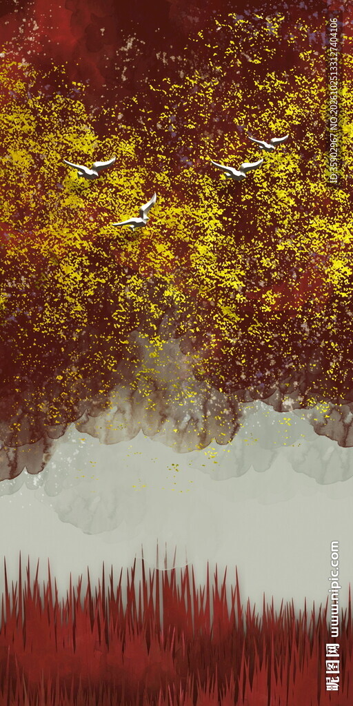 秋林飞鸟水景写意画玄关装饰画