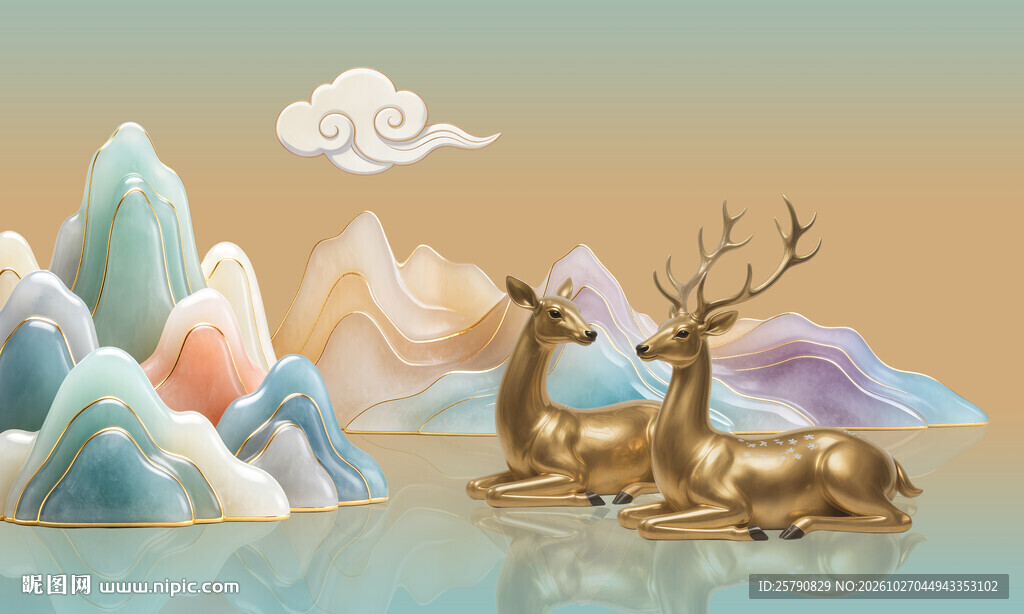 国潮山水福鹿插画