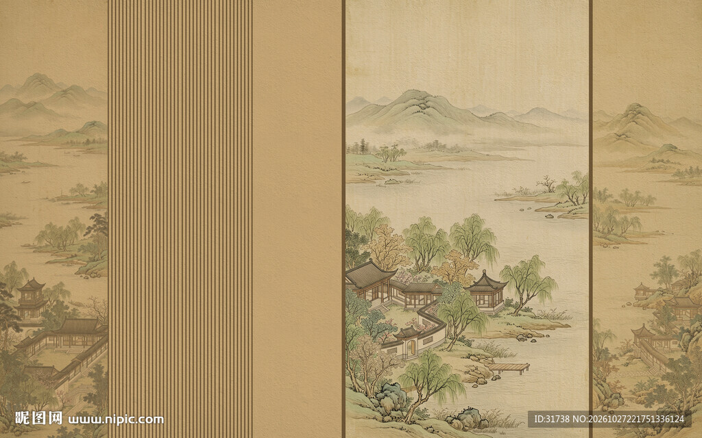 新中式古风宋式美学山水画壁画