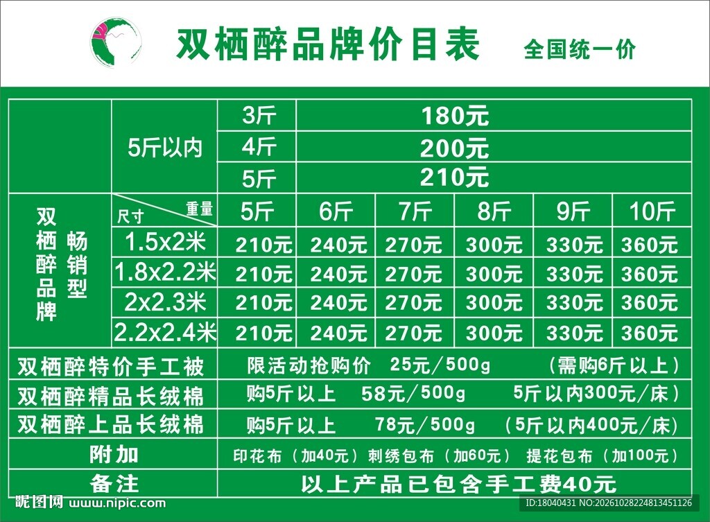 价格表