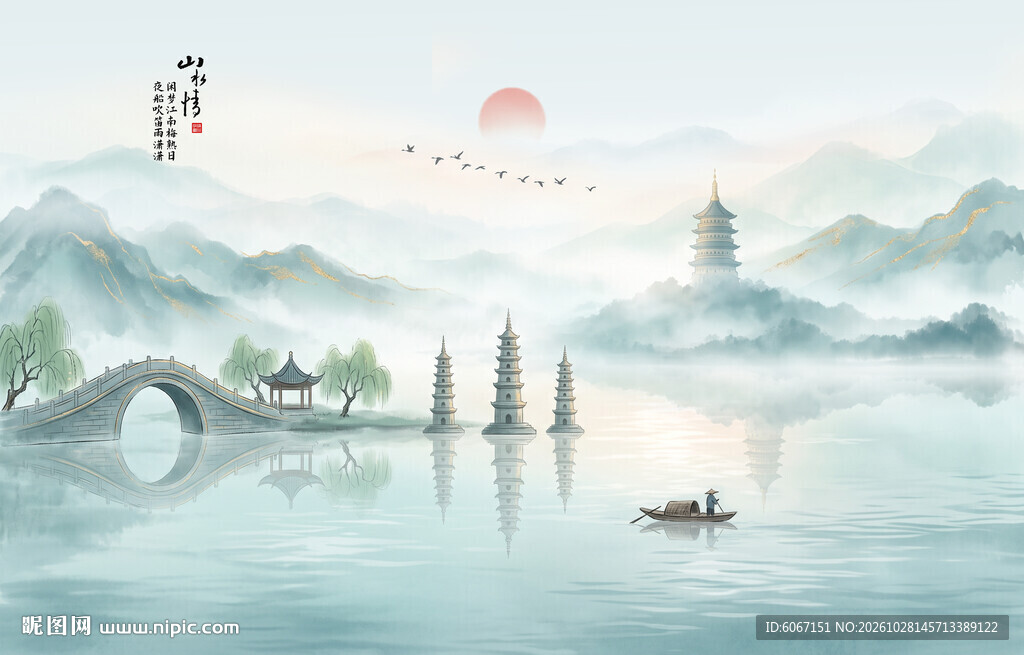 水墨画西湖美景