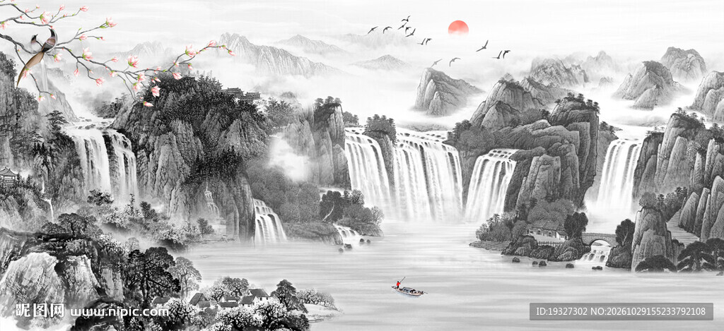 中式水墨山水瀑布图
