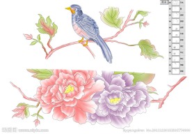 小鸟牡丹花手绘花(通道分层)