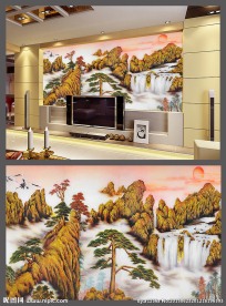 彩雕 国画 电视背景墙