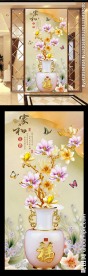 玉兰花家和富彩雕花瓶玄关背景墙