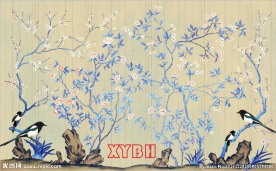 手绘新中式花鸟图木纹喜鹊
