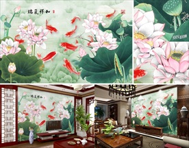 中式工笔手绘荷花电视背景墙