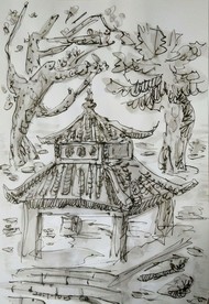 古塔 寺庙 祭奠 美术 钢笔画