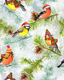 手绘圣诞鸟松子树松果图案印花