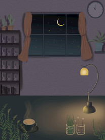 手绘黑夜温馨卧室插画