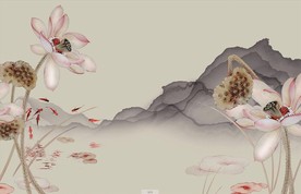 新中式素雅荷花手绘花鸟背景墙壁