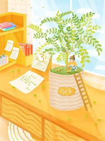 手绘书桌植物早晨插画