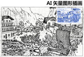 手绘国外建筑风景速写素描图素材