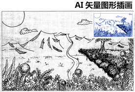 手绘风景速写素描图素材