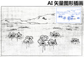 手绘水面上的花朵速写素描图素材