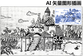 手绘建筑风景速写素描图素材