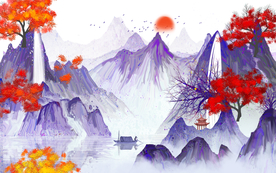 手绘现代新中式山水水墨背景墙