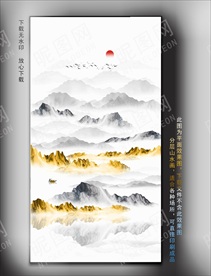 中式挂画壁画水墨山水墙纸
