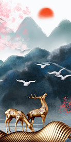 梅花鹿旭日东升玄关背景